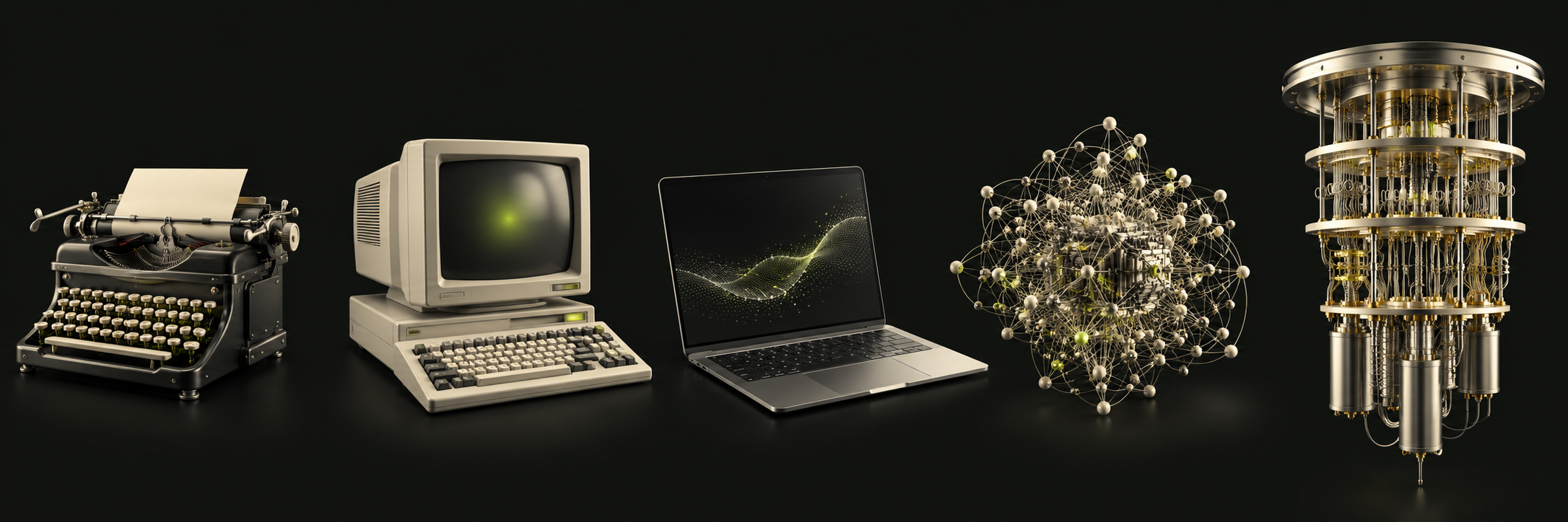 Computing evolution: a mechanical typewriter, desktop computer, laptop, an abstract AI neural network and a quantum computing apparatus.